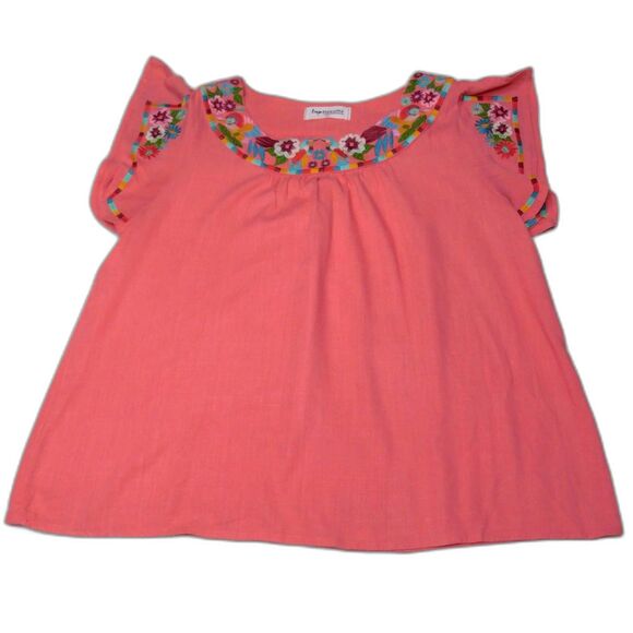 Impressions Embroidered Boho Top Birds Flowers Sz. L Coral Pink Naturecore - Picture 3 of 7